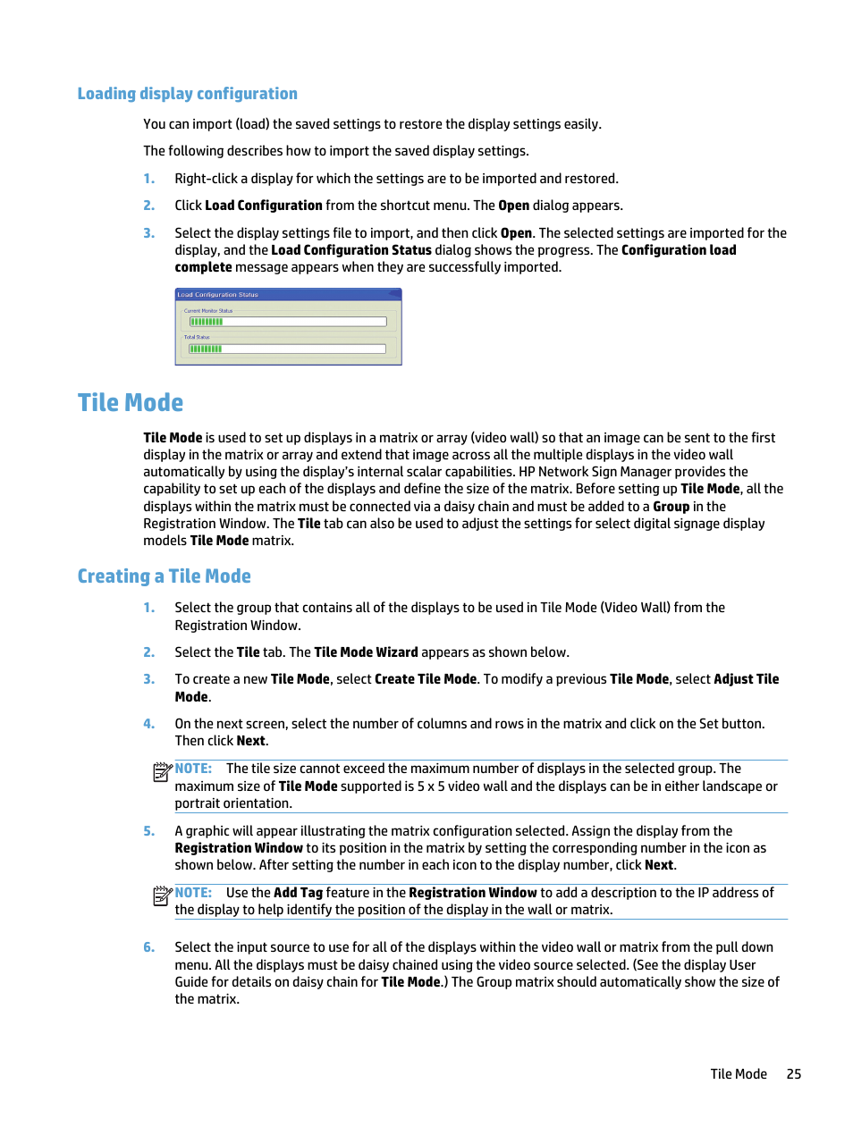 Loading display configuration, Tile mode, Creating a tile mode | HP LD5535 55-inch LED Digital Signage Display User Manual | Page 31 / 41