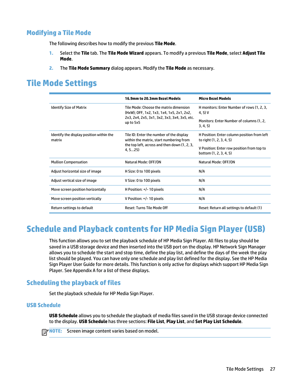 Modifying a tile mode, Tile mode settings, Scheduling the playback of files | Usb schedule | HP LD5535 55-inch LED Digital Signage Display User Manual | Page 33 / 41