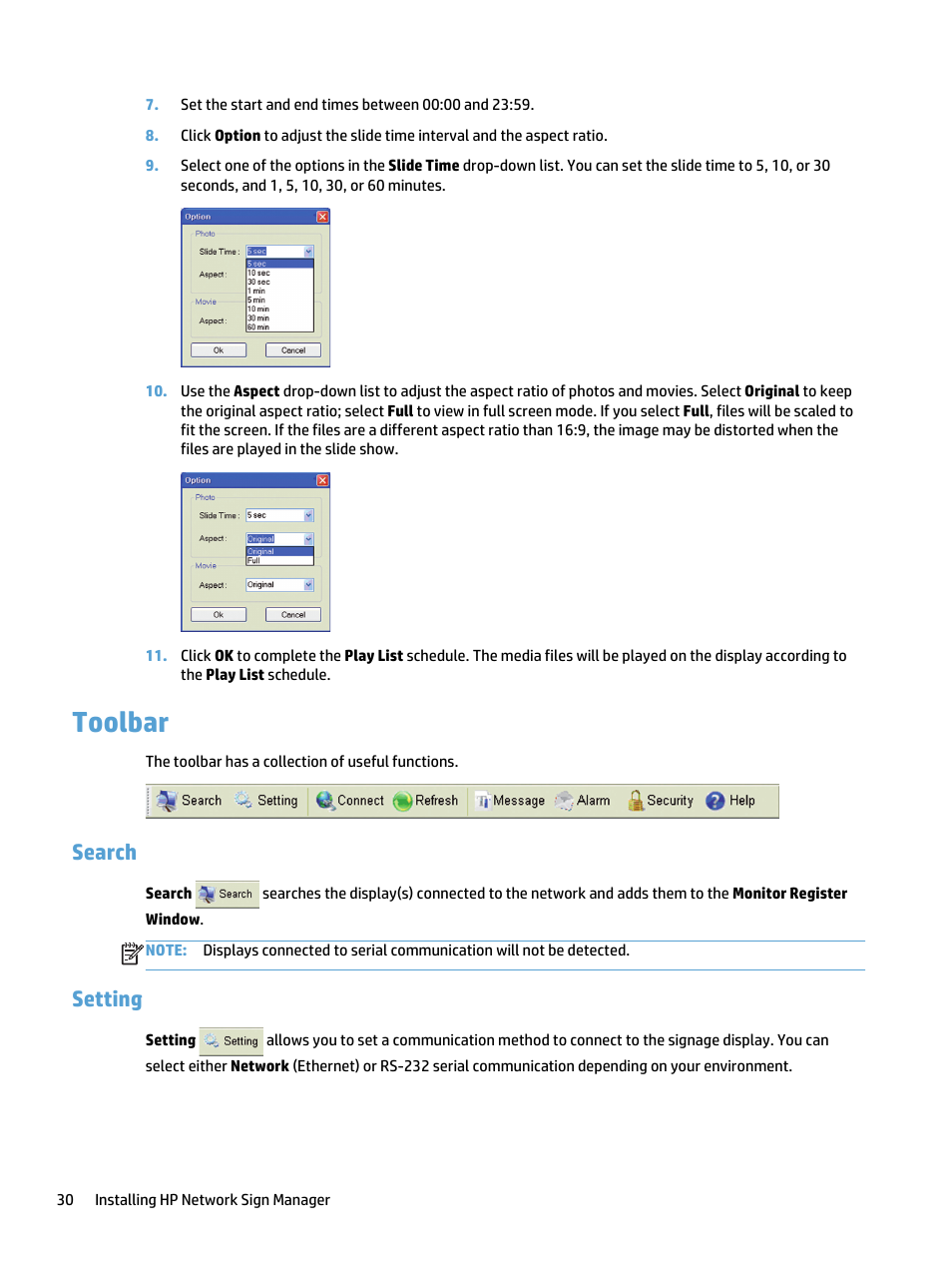 Toolbar, Search, Setting | Search setting | HP LD5535 55-inch LED Digital Signage Display User Manual | Page 36 / 41