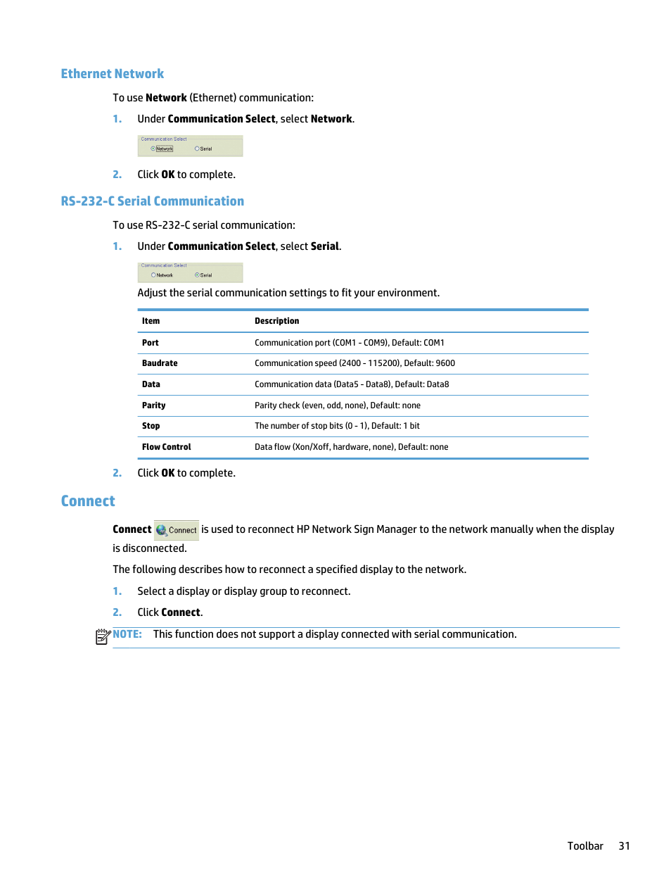 Ethernet network, Rs-232-c serial communication, Connect | Ethernet network rs-232-c serial communication | HP LD5535 55-inch LED Digital Signage Display User Manual | Page 37 / 41