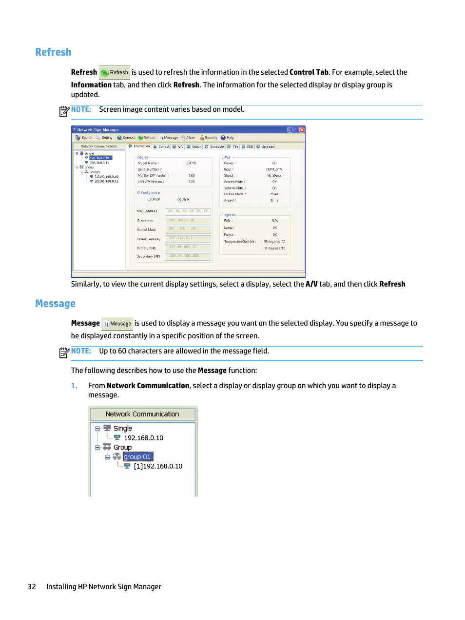 Refresh, Message, Refresh message | HP LD5535 55-inch LED Digital Signage Display User Manual | Page 38 / 41