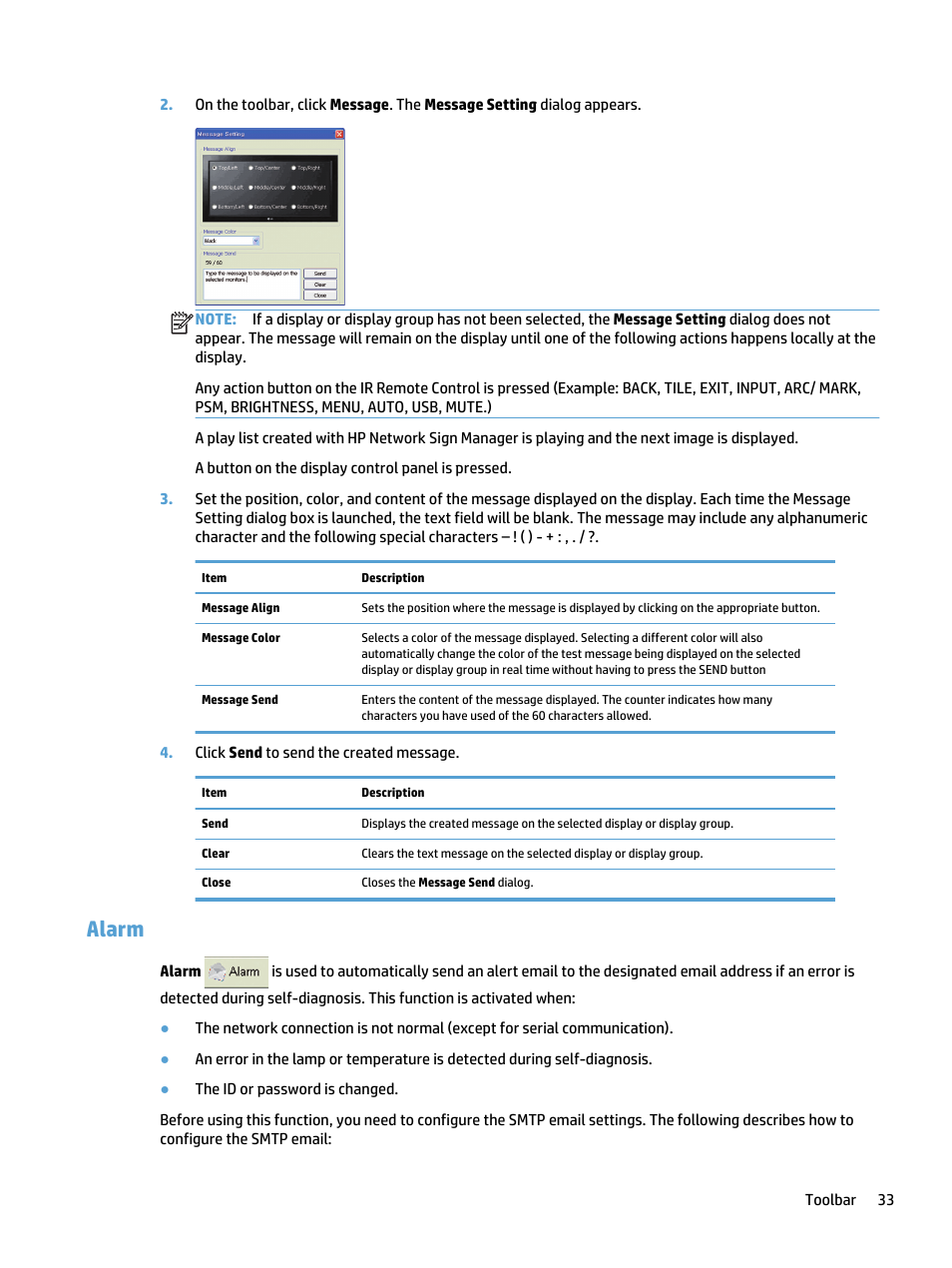 Alarm | HP LD5535 55-inch LED Digital Signage Display User Manual | Page 39 / 41