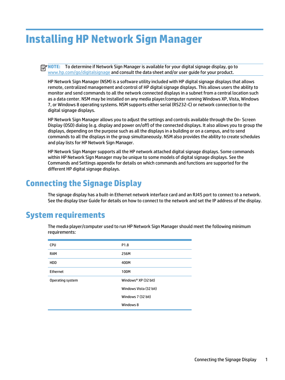 Installing hp network sign manager, Connecting the signage display, System requirements | Connecting the signage display system requirements | HP LD5535 55-inch LED Digital Signage Display User Manual | Page 7 / 41
