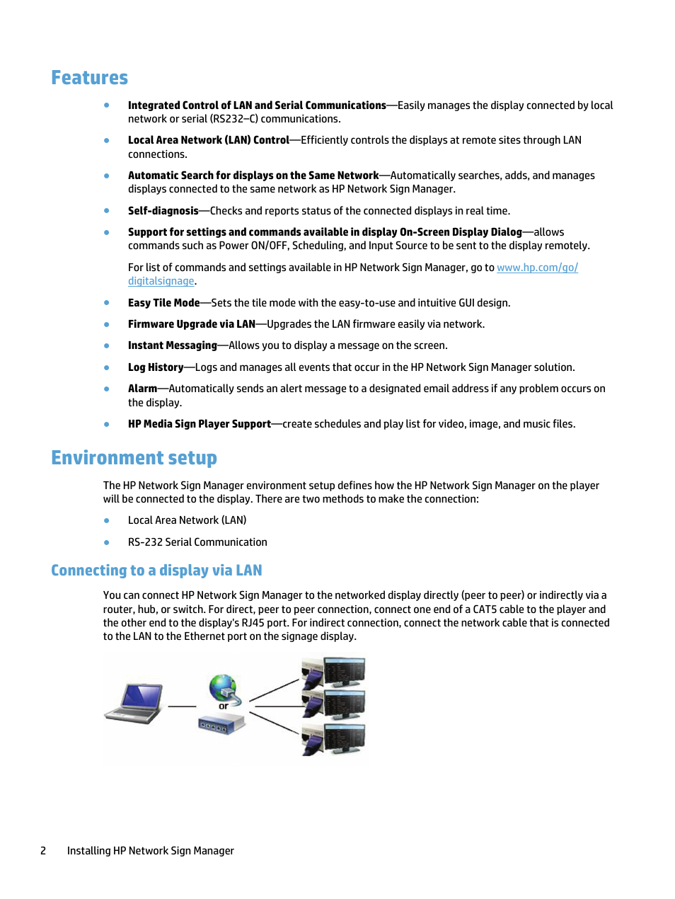 Features, Environment setup, Connecting to a display via lan | Features environment setup | HP LD5535 55-inch LED Digital Signage Display User Manual | Page 8 / 41