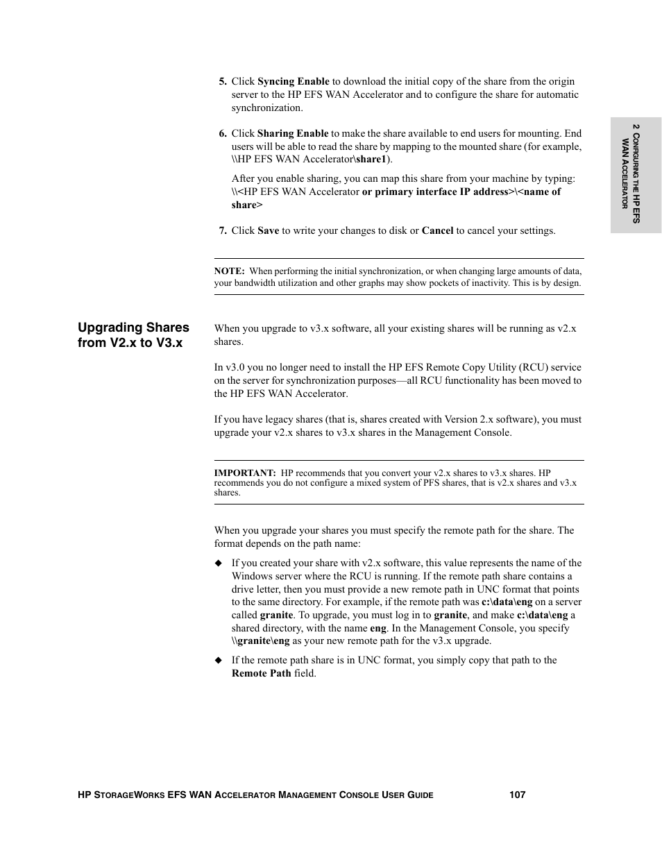 Upgrading shares from v2.x to v3.x | HP StorageWorks Enterprise File Services WAN Accelerator User Manual | Page 107 / 232