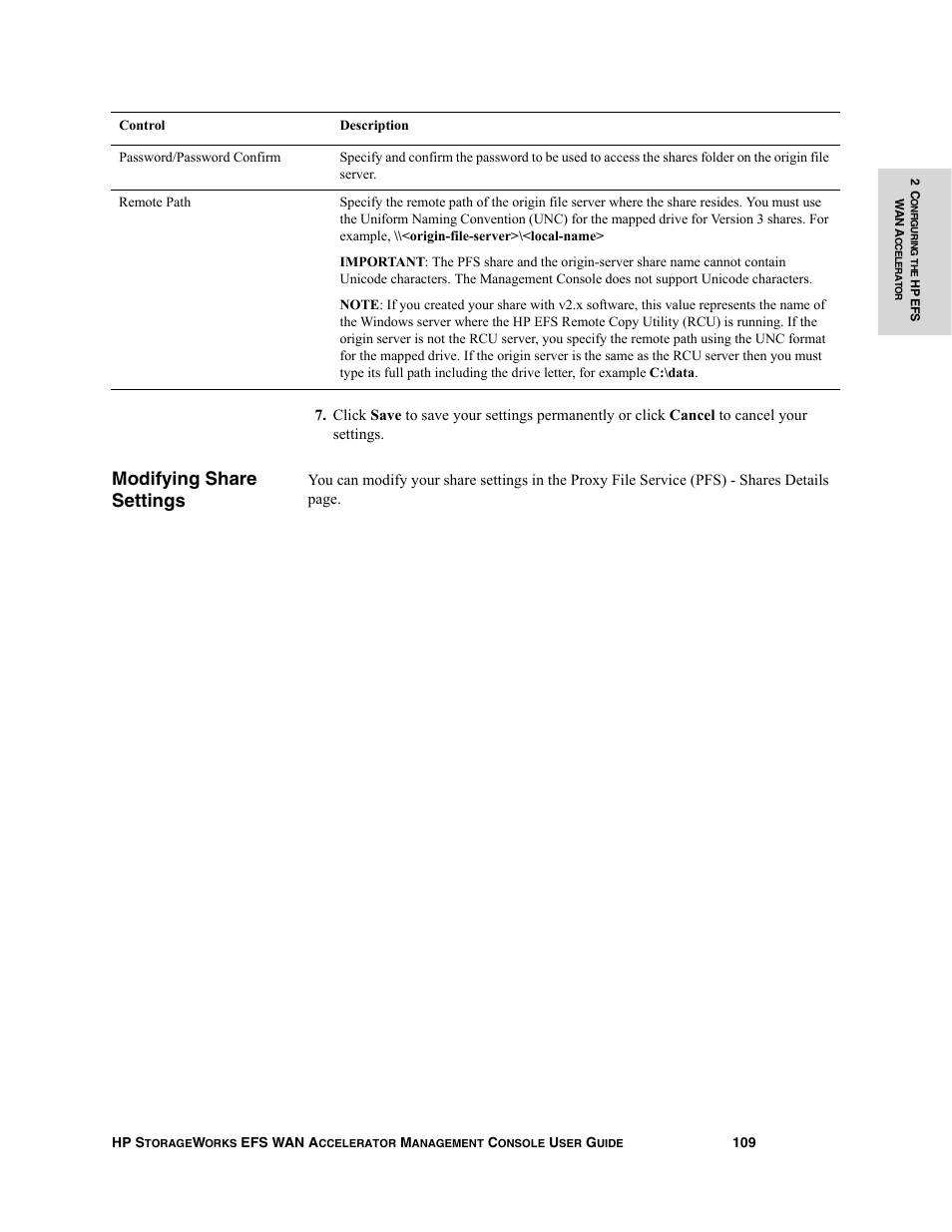 Modifying share settings | HP StorageWorks Enterprise File Services WAN Accelerator User Manual | Page 109 / 232