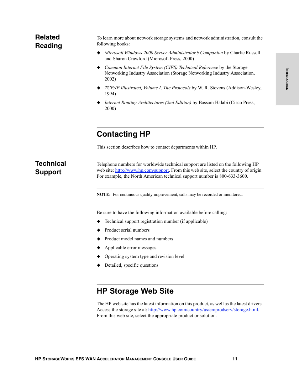 Related reading, Contacting hp, Technical support | Hp storage web site | HP StorageWorks Enterprise File Services WAN Accelerator User Manual | Page 11 / 232