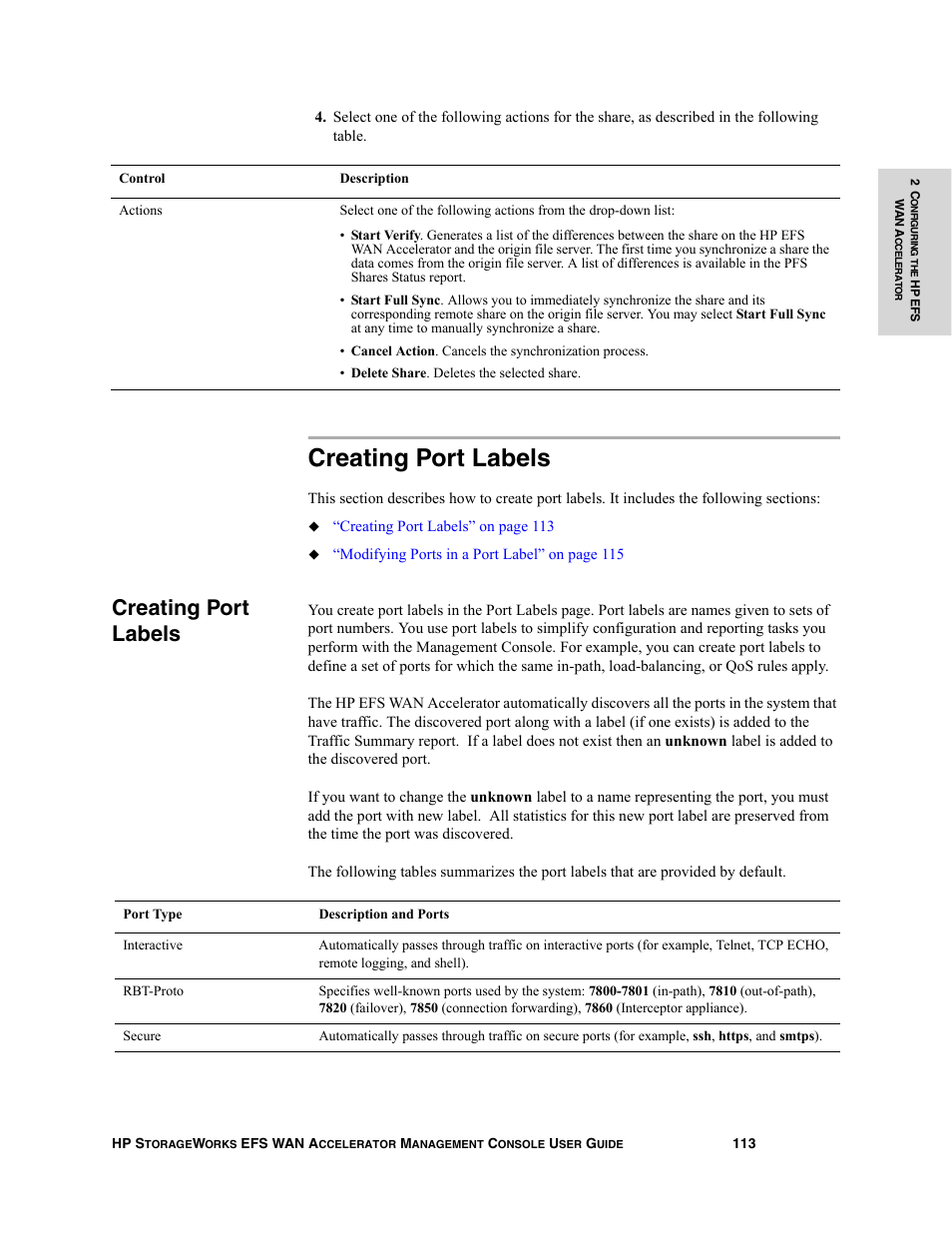 Creating port labels, Creating port, Labels, see | Creating port labels” on | HP StorageWorks Enterprise File Services WAN Accelerator User Manual | Page 113 / 232