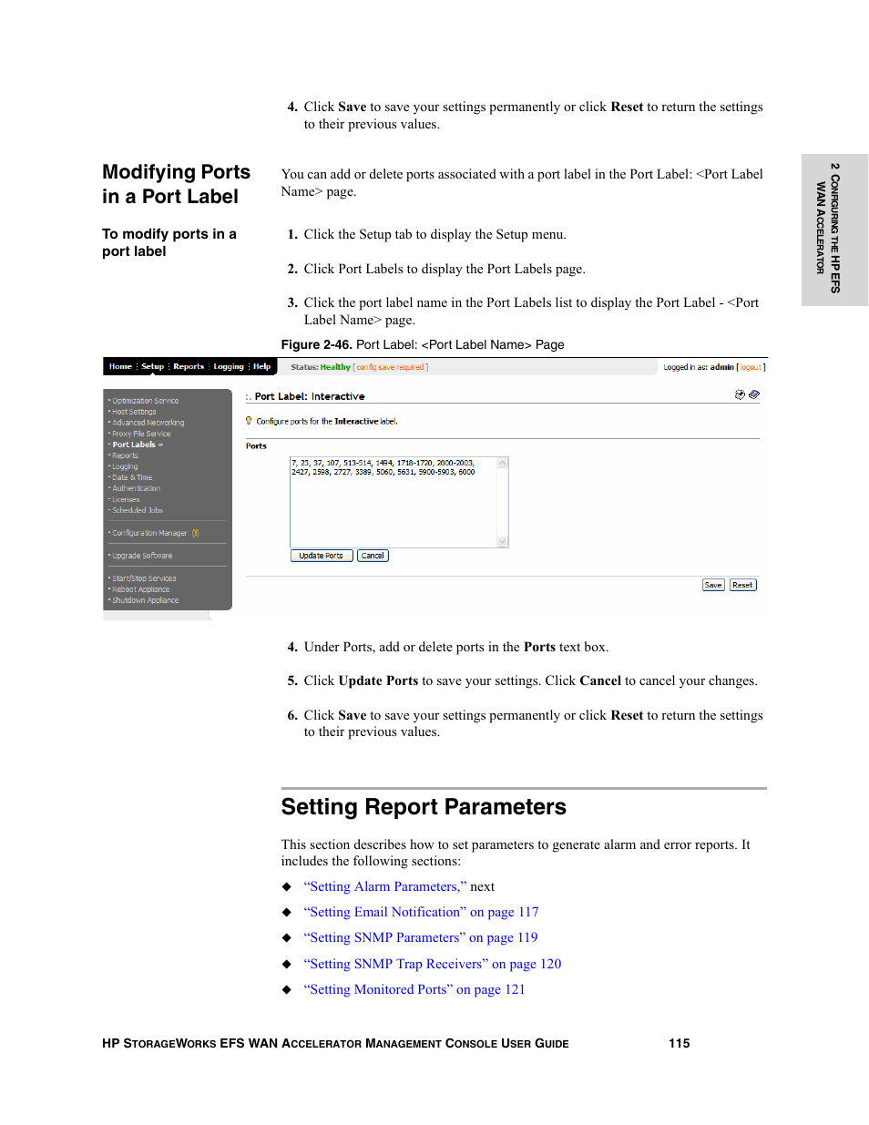 Modifying ports in a port label, Setting report parameters | HP StorageWorks Enterprise File Services WAN Accelerator User Manual | Page 115 / 232