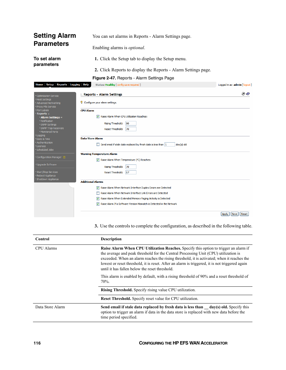Setting alarm parameters | HP StorageWorks Enterprise File Services WAN Accelerator User Manual | Page 116 / 232