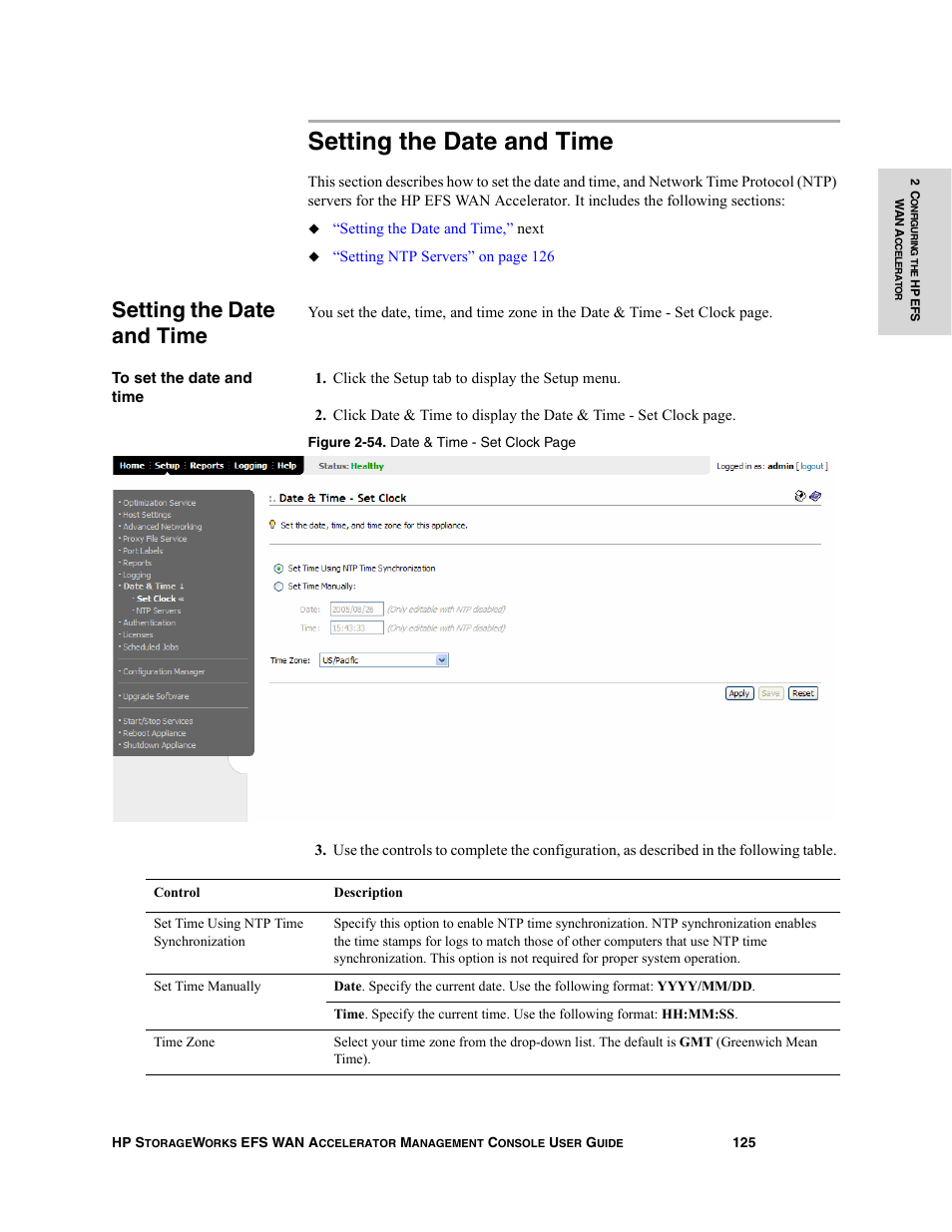 Setting the date and time | HP StorageWorks Enterprise File Services WAN Accelerator User Manual | Page 125 / 232