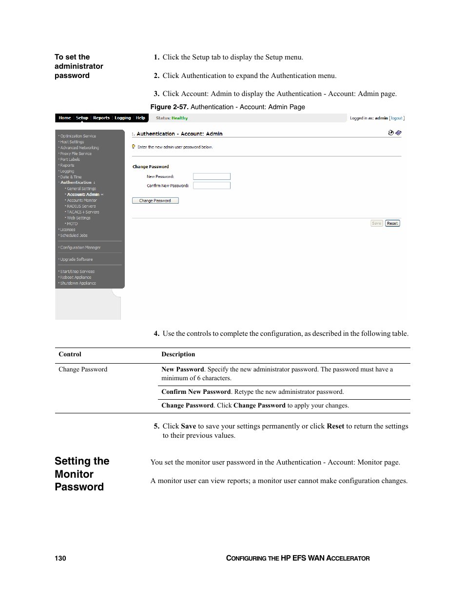 Setting the monitor password | HP StorageWorks Enterprise File Services WAN Accelerator User Manual | Page 130 / 232