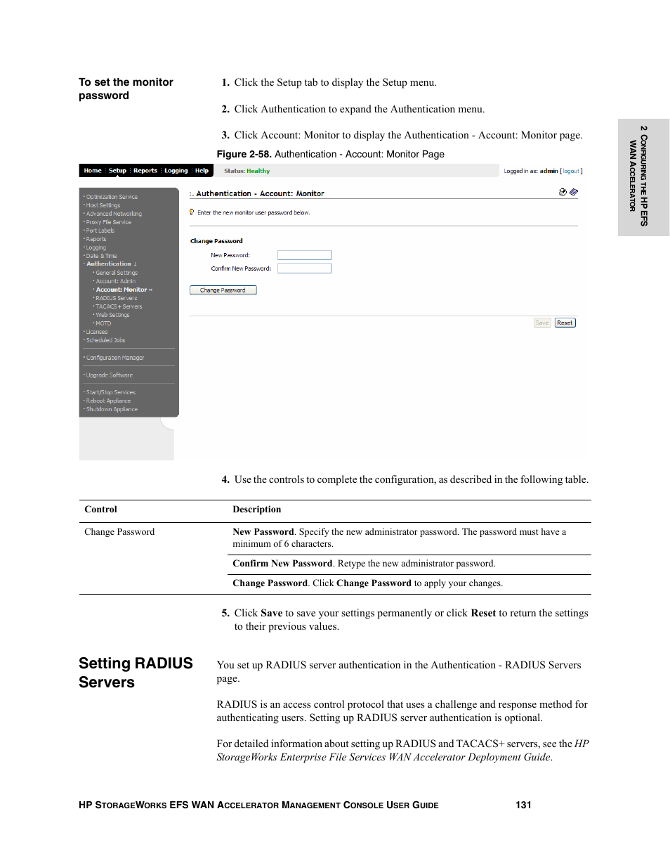 Setting radius servers | HP StorageWorks Enterprise File Services WAN Accelerator User Manual | Page 131 / 232