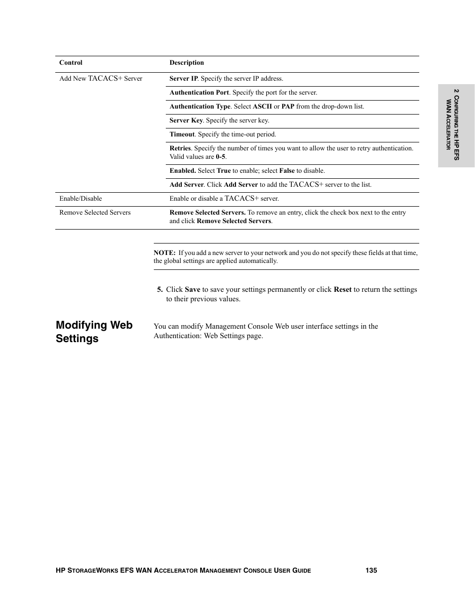 Modifying web settings | HP StorageWorks Enterprise File Services WAN Accelerator User Manual | Page 135 / 232
