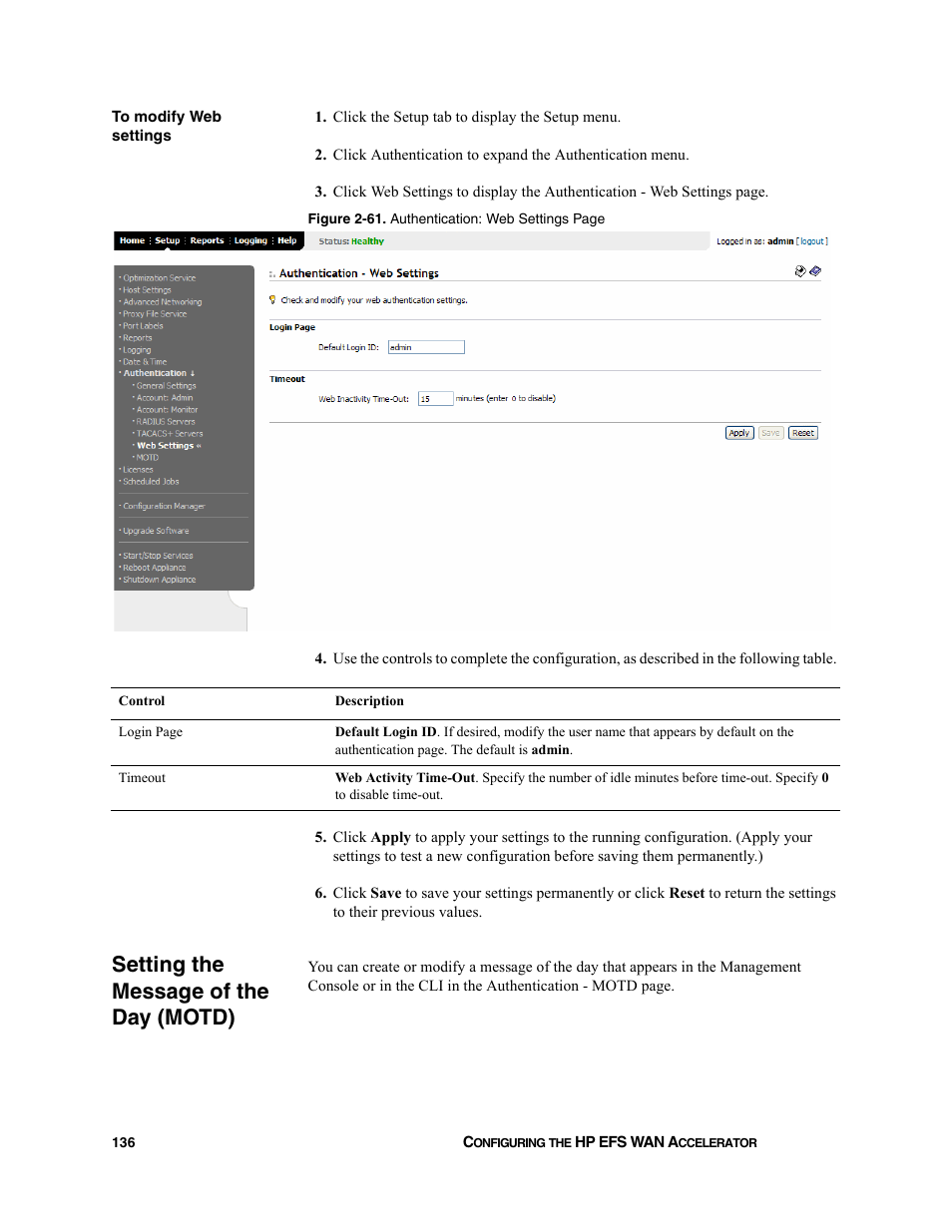 Setting the message of the day (motd) | HP StorageWorks Enterprise File Services WAN Accelerator User Manual | Page 136 / 232