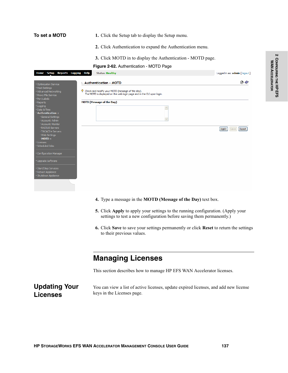 Managing licenses, Updating your licenses, Updating your licenses” on | HP StorageWorks Enterprise File Services WAN Accelerator User Manual | Page 137 / 232