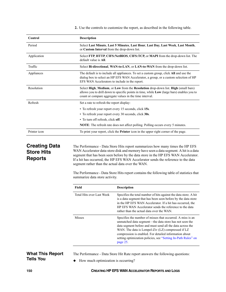 Creating data store hits reports, What this report tells you | HP StorageWorks Enterprise File Services WAN Accelerator User Manual | Page 150 / 232