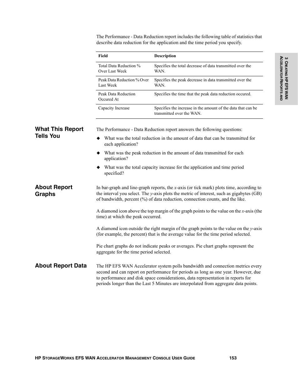What this report tells you, About report graphs, About report data | HP StorageWorks Enterprise File Services WAN Accelerator User Manual | Page 153 / 232