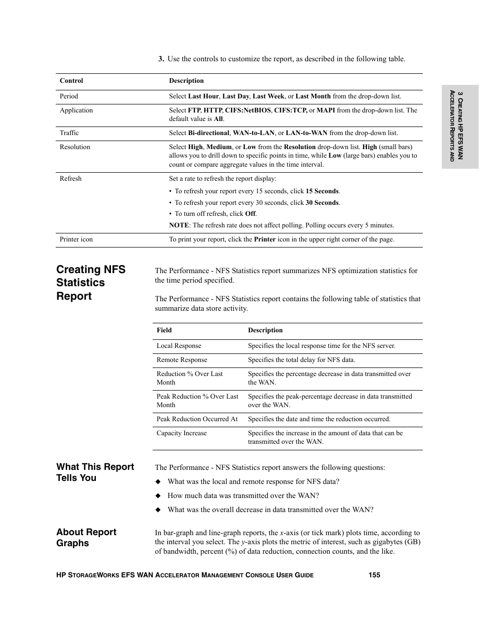 Creating nfs statistics report, What this report tells you, About report graphs | HP StorageWorks Enterprise File Services WAN Accelerator User Manual | Page 155 / 232