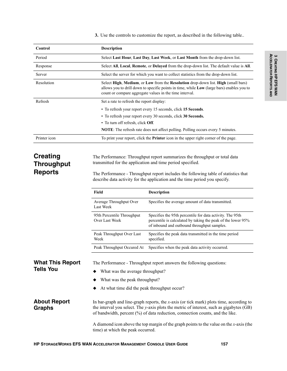 Creating throughput reports, What this report tells you, About report graphs | HP StorageWorks Enterprise File Services WAN Accelerator User Manual | Page 157 / 232