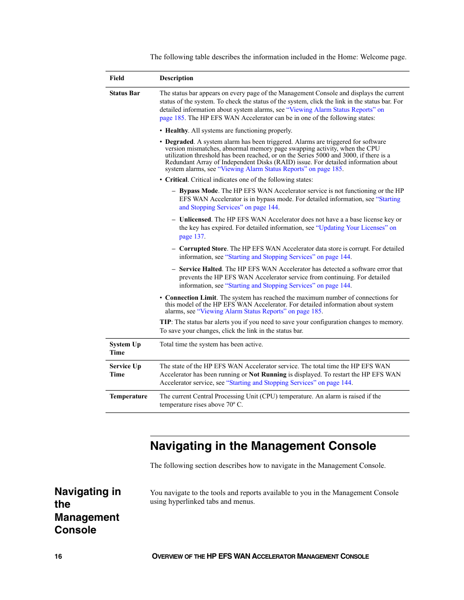 Navigating in the management console | HP StorageWorks Enterprise File Services WAN Accelerator User Manual | Page 16 / 232
