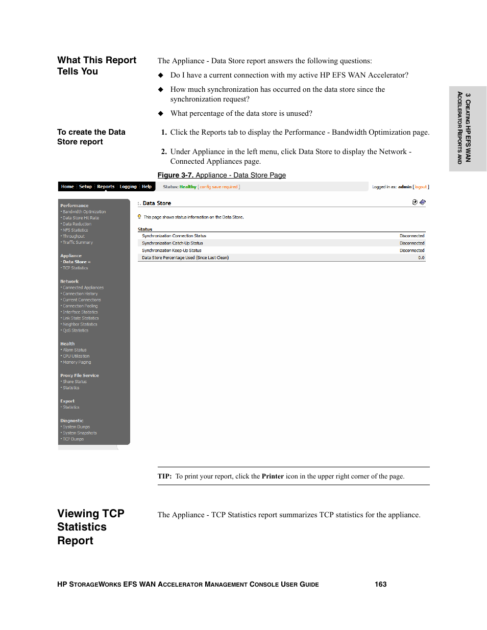 What this report tells you, Viewing tcp statistics report | HP StorageWorks Enterprise File Services WAN Accelerator User Manual | Page 163 / 232