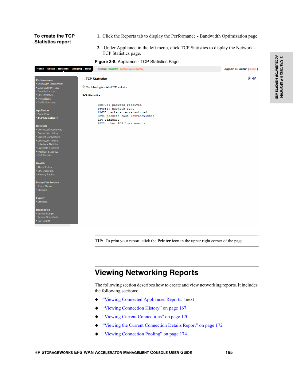 Viewing networking reports | HP StorageWorks Enterprise File Services WAN Accelerator User Manual | Page 165 / 232