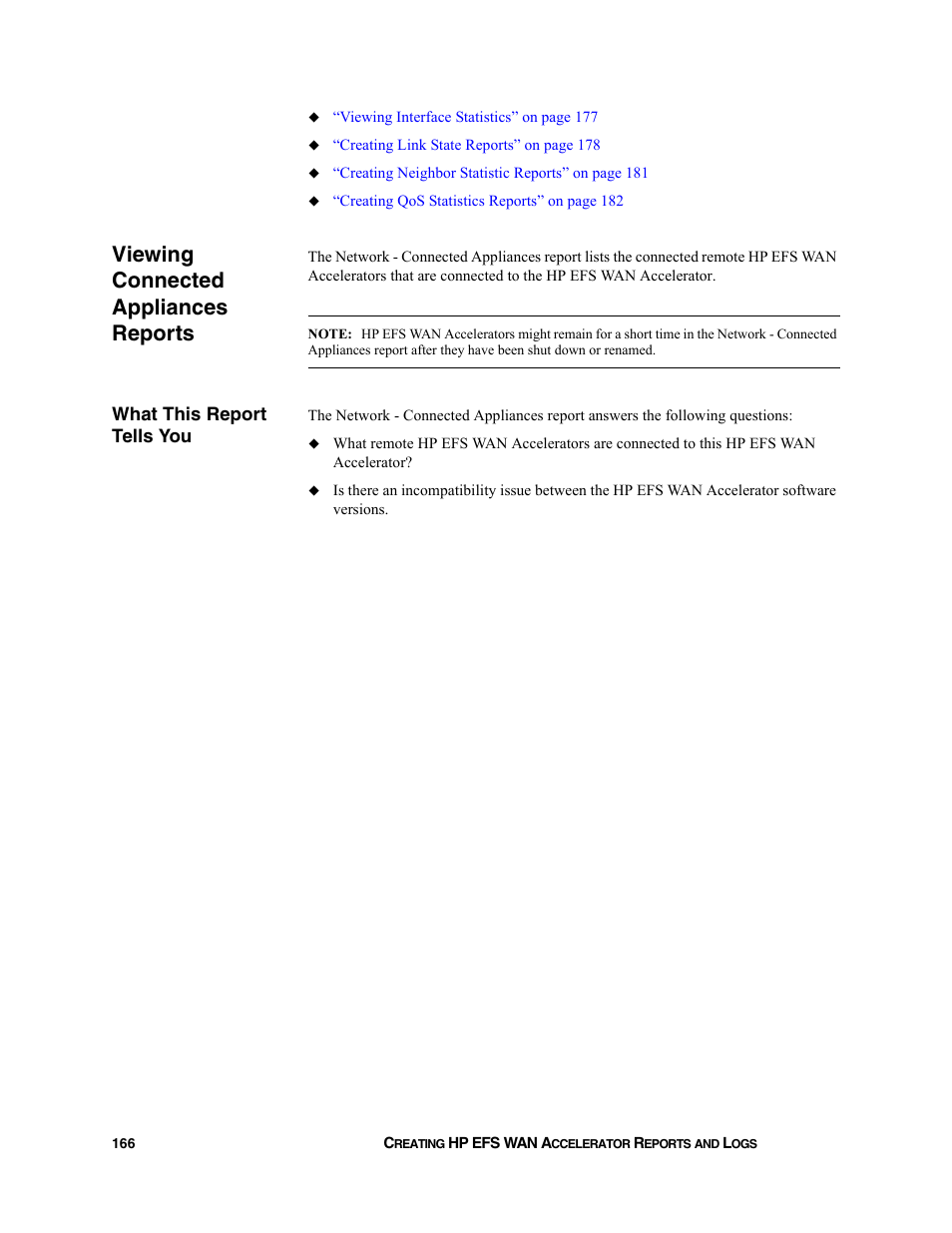Viewing connected appliances reports, What this report tells you | HP StorageWorks Enterprise File Services WAN Accelerator User Manual | Page 166 / 232