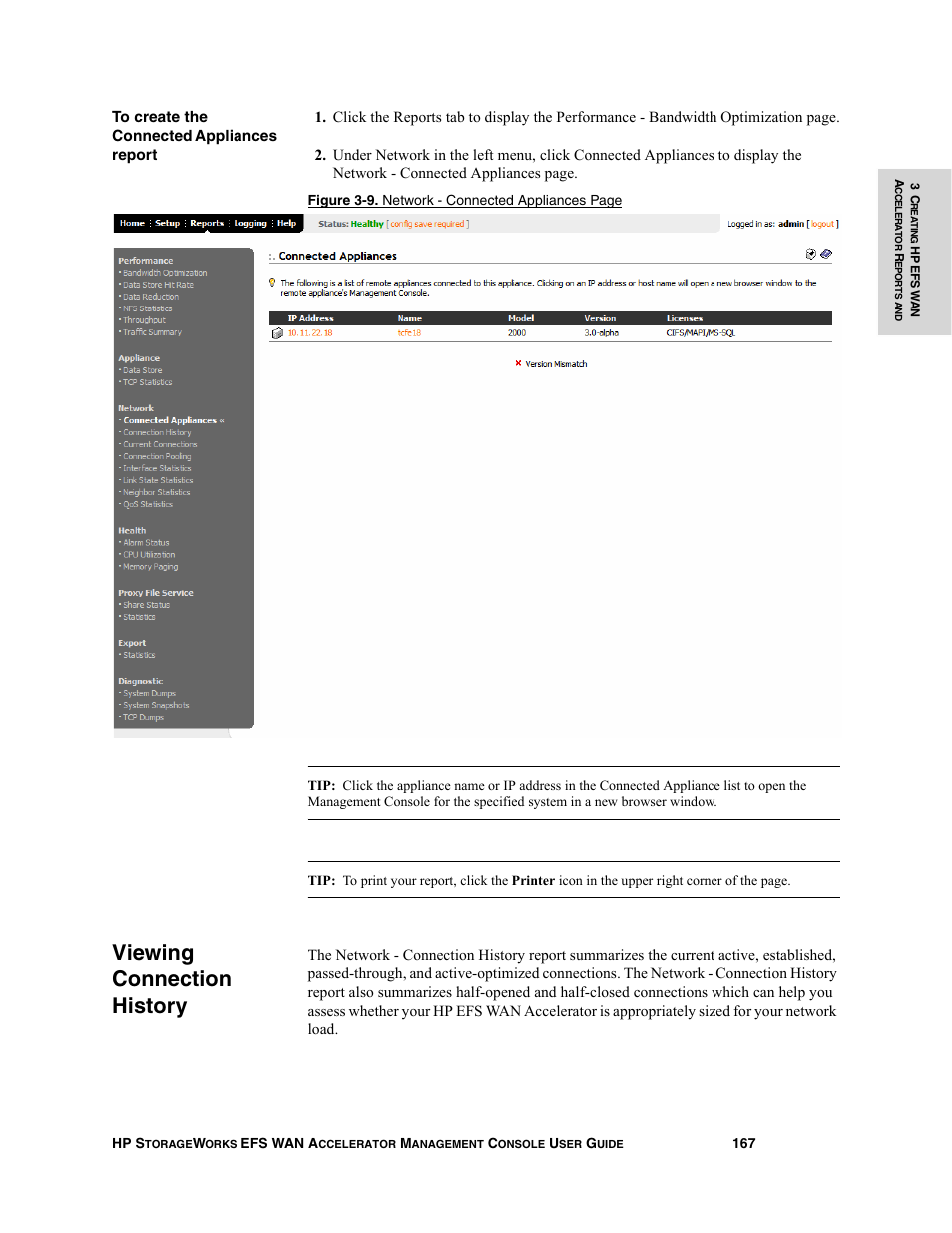 Viewing connection history | HP StorageWorks Enterprise File Services WAN Accelerator User Manual | Page 167 / 232