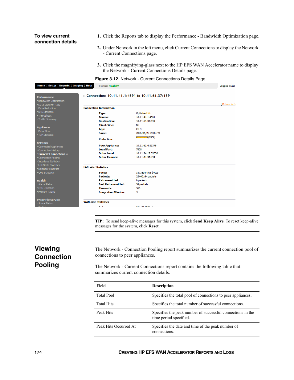 Viewing connection pooling, If the | HP StorageWorks Enterprise File Services WAN Accelerator User Manual | Page 174 / 232