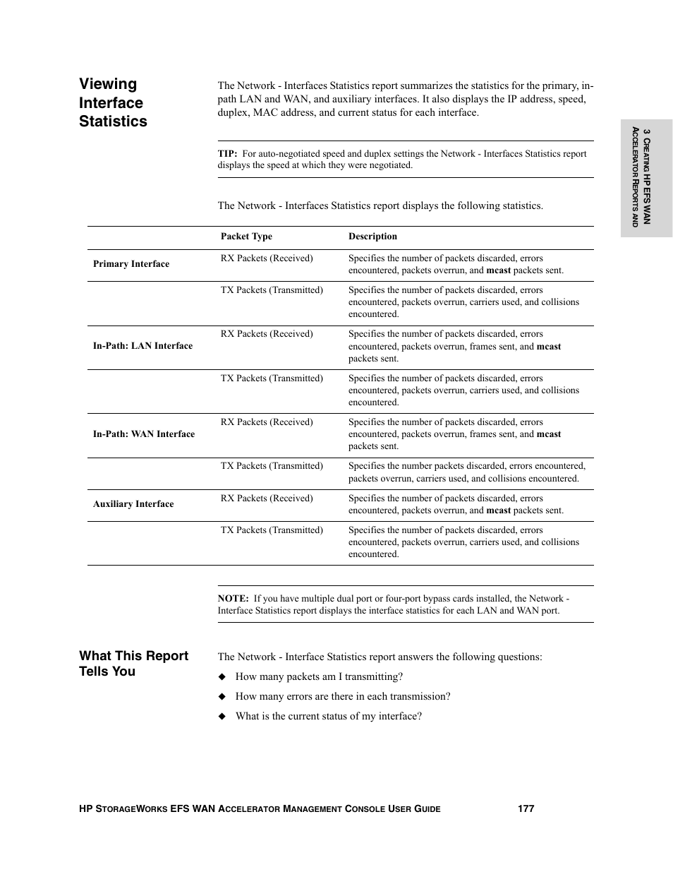 Viewing interface statistics, What this report tells you | HP StorageWorks Enterprise File Services WAN Accelerator User Manual | Page 177 / 232