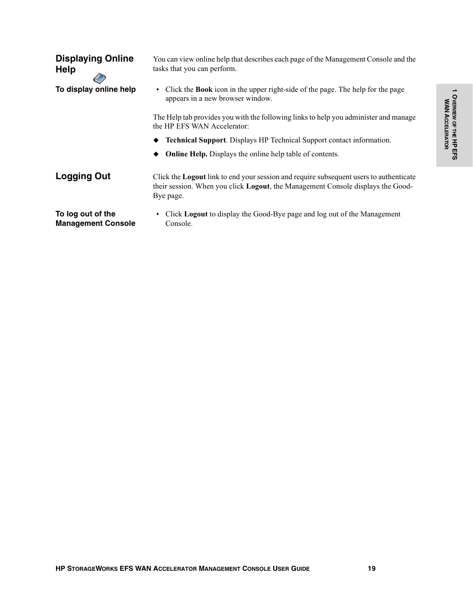 Displaying online help, Logging out | HP StorageWorks Enterprise File Services WAN Accelerator User Manual | Page 19 / 232