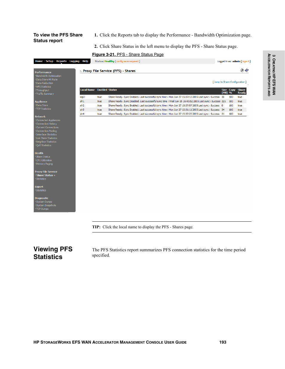 Viewing pfs statistics | HP StorageWorks Enterprise File Services WAN Accelerator User Manual | Page 193 / 232