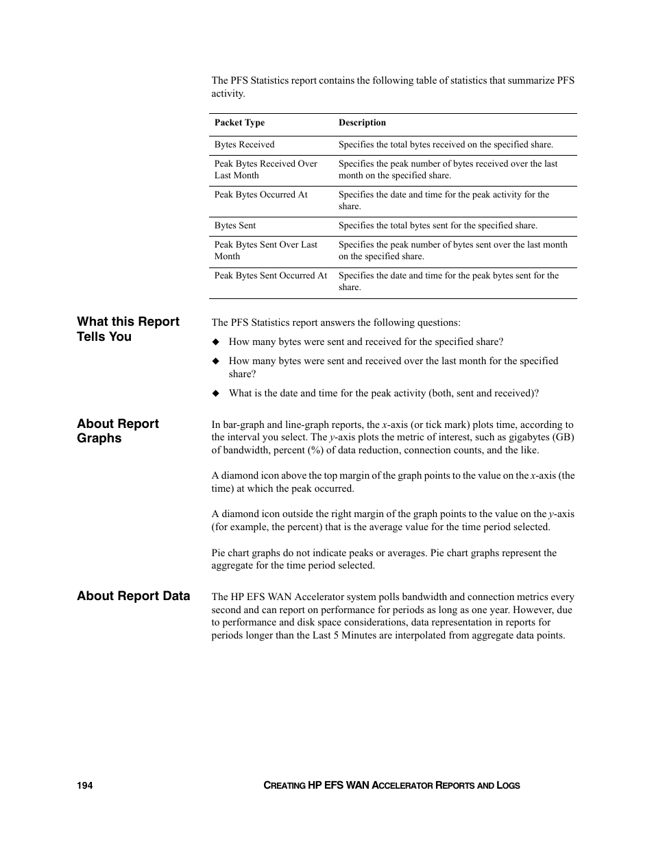 What this report tells you, About report graphs, About report data | HP StorageWorks Enterprise File Services WAN Accelerator User Manual | Page 194 / 232
