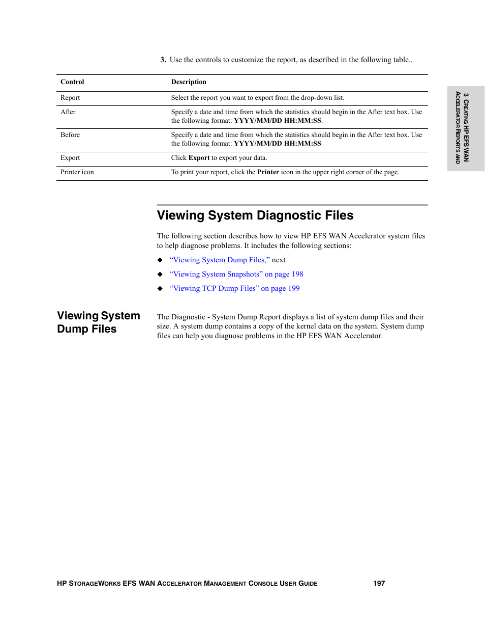 Viewing system diagnostic files, Viewing system dump files | HP StorageWorks Enterprise File Services WAN Accelerator User Manual | Page 197 / 232