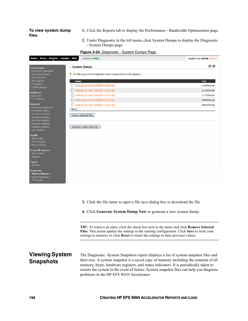 Viewing system snapshots | HP StorageWorks Enterprise File Services WAN Accelerator User Manual | Page 198 / 232