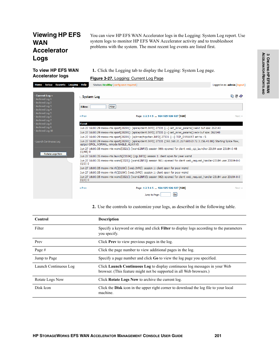 Viewing hp efs wan accelerator logs, Viewing hp | HP StorageWorks Enterprise File Services WAN Accelerator User Manual | Page 201 / 232
