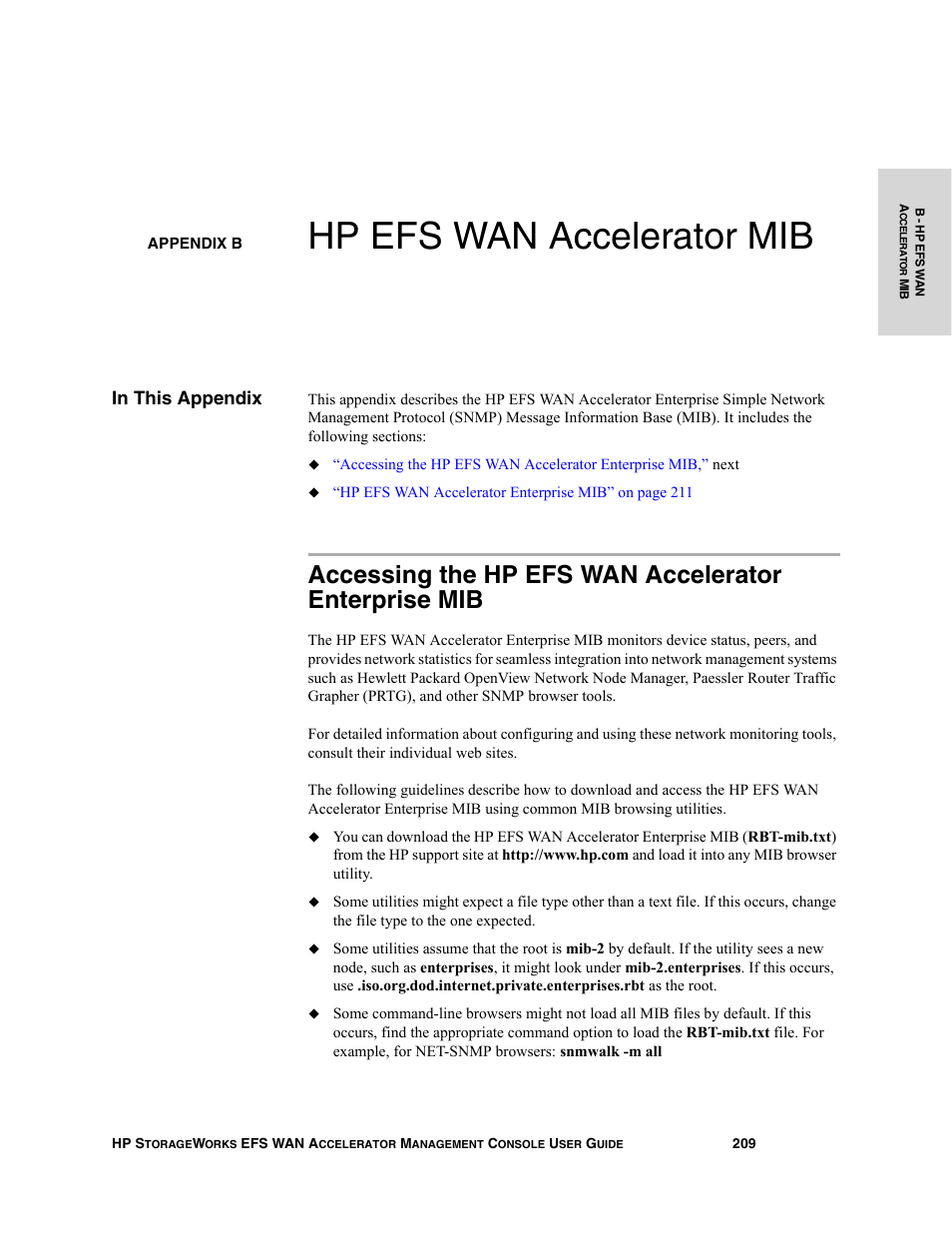Appendix b hp efs wan accelerator mib, In this appendix, Appendix b, “hp efs wan accelerator mib | Provides, Hp efs wan accelerator mib | HP StorageWorks Enterprise File Services WAN Accelerator User Manual | Page 209 / 232