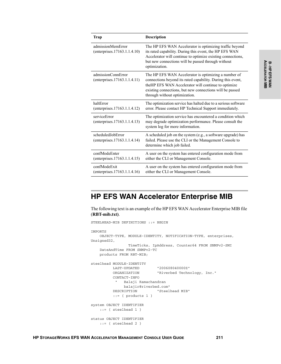 Hp efs wan accelerator enterprise mib | HP StorageWorks Enterprise File Services WAN Accelerator User Manual | Page 211 / 232
