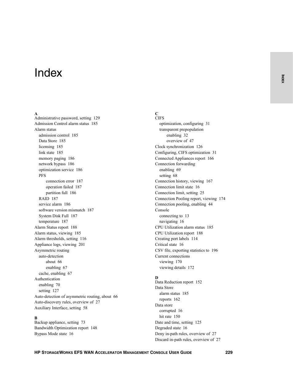 Index | HP StorageWorks Enterprise File Services WAN Accelerator User Manual | Page 229 / 232