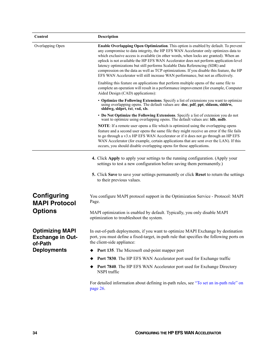 Configuring mapi protocol options | HP StorageWorks Enterprise File Services WAN Accelerator User Manual | Page 34 / 232