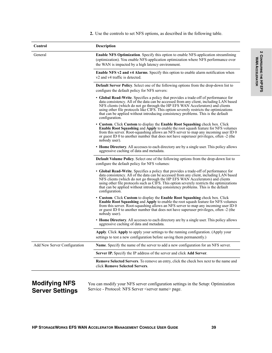Modifying nfs server settings | HP StorageWorks Enterprise File Services WAN Accelerator User Manual | Page 39 / 232