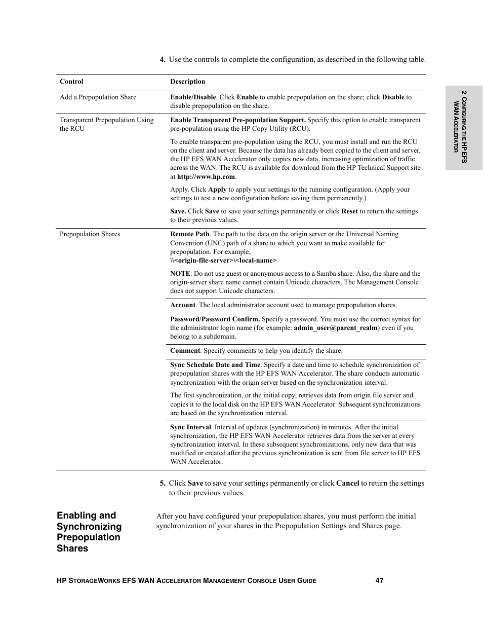 Enabling and synchronizing prepopulation shares | HP StorageWorks Enterprise File Services WAN Accelerator User Manual | Page 47 / 232