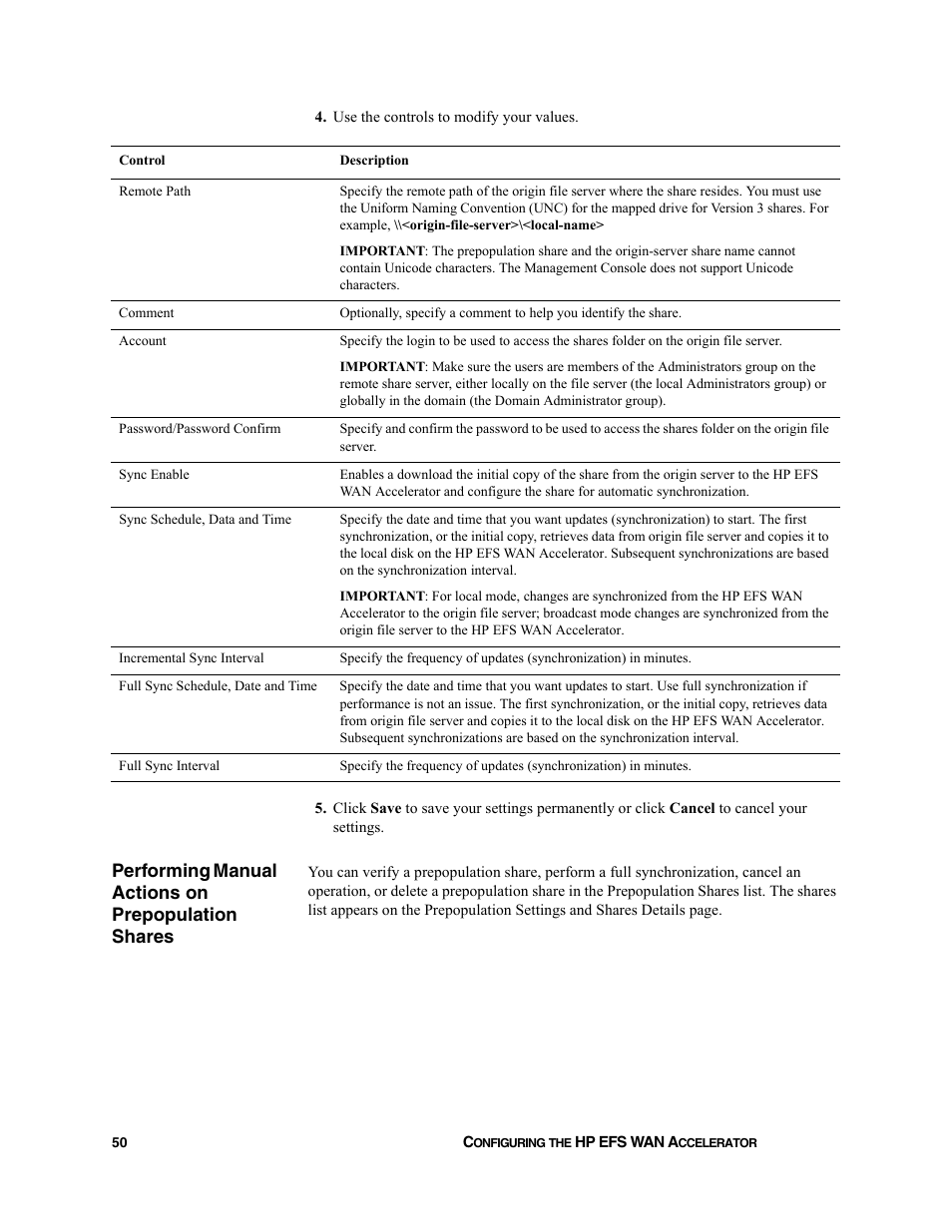 Performing manual actions on prepopulation shares | HP StorageWorks Enterprise File Services WAN Accelerator User Manual | Page 50 / 232
