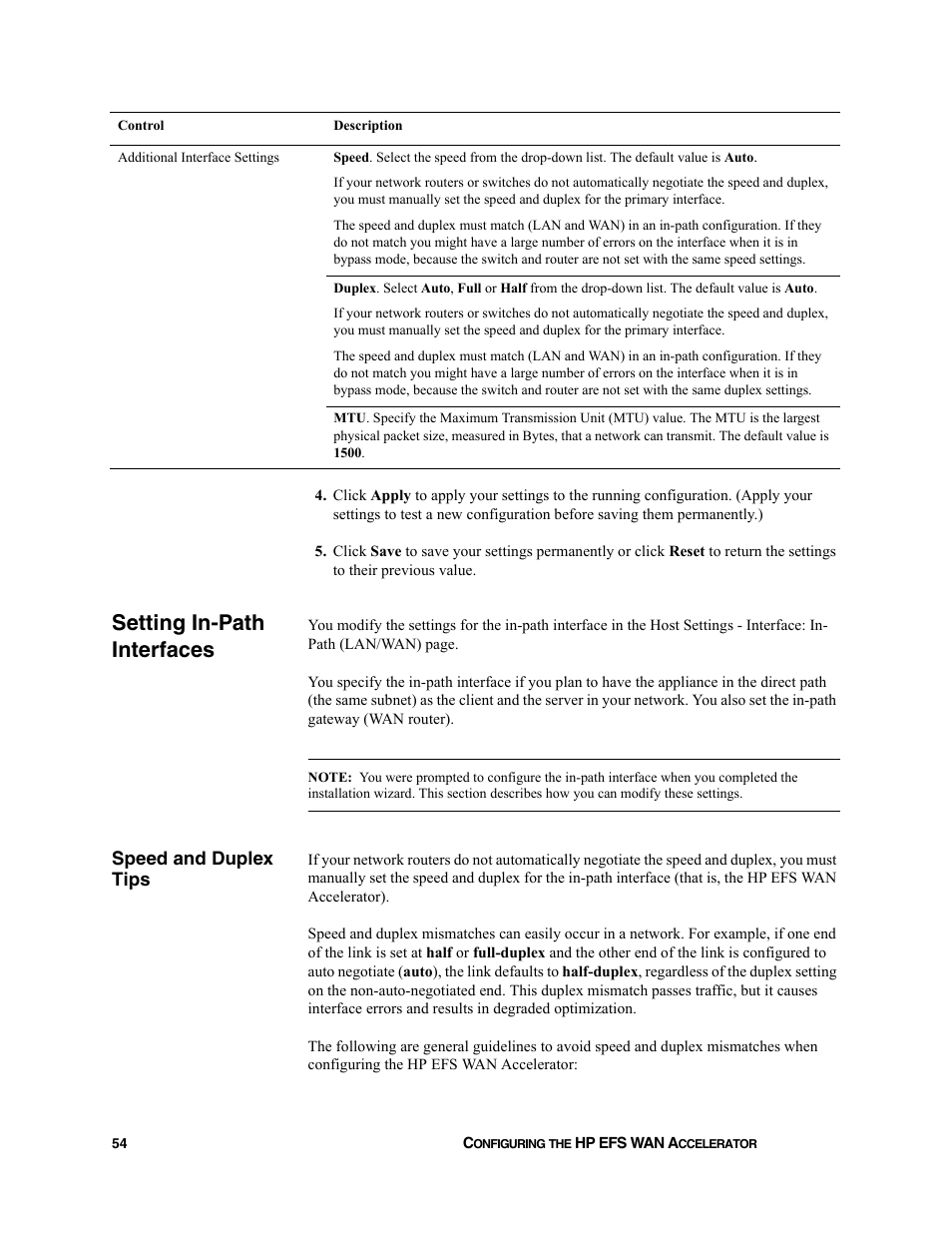 Setting in-path interfaces, Speed and duplex tips | HP StorageWorks Enterprise File Services WAN Accelerator User Manual | Page 54 / 232