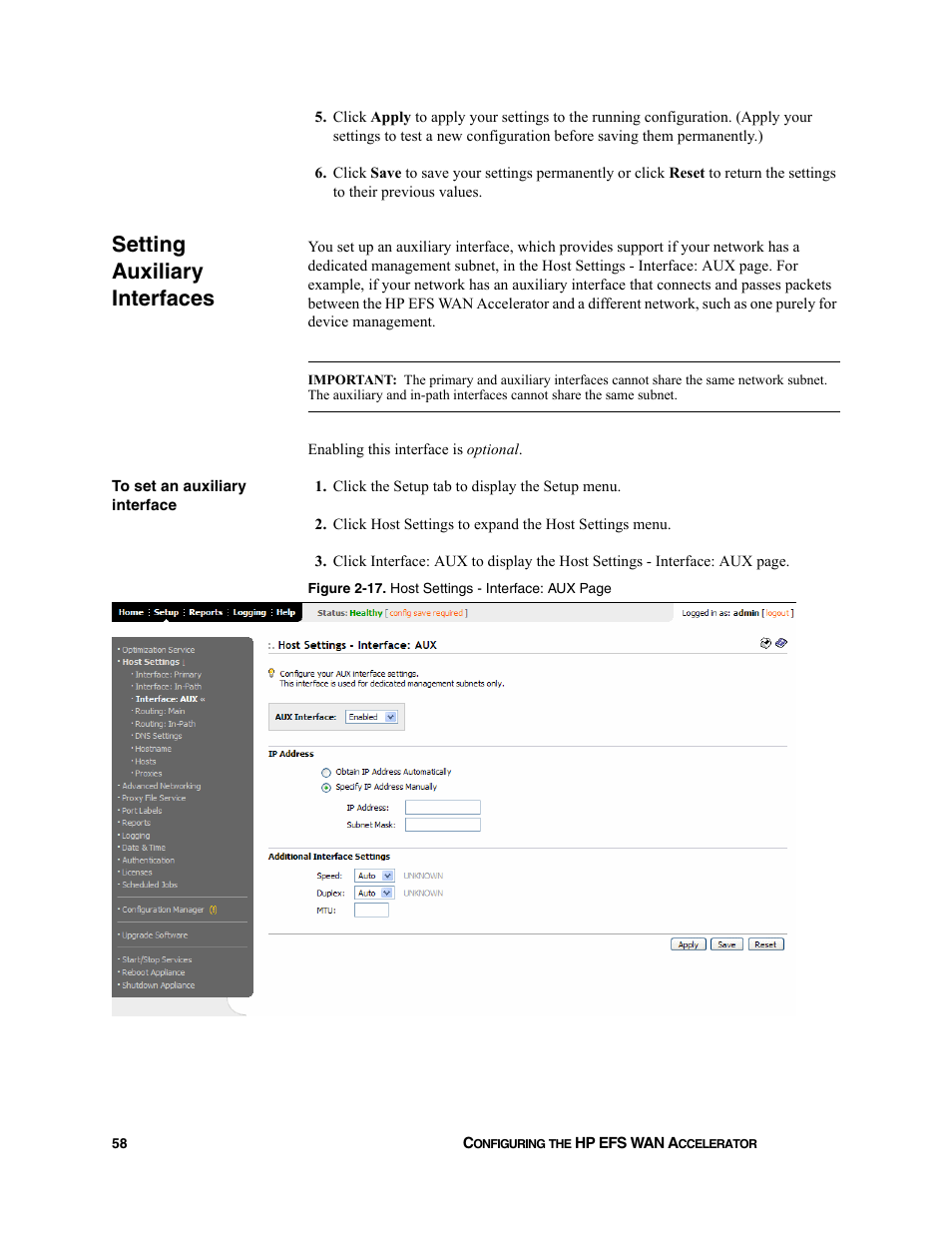 Setting auxiliary interfaces | HP StorageWorks Enterprise File Services WAN Accelerator User Manual | Page 58 / 232