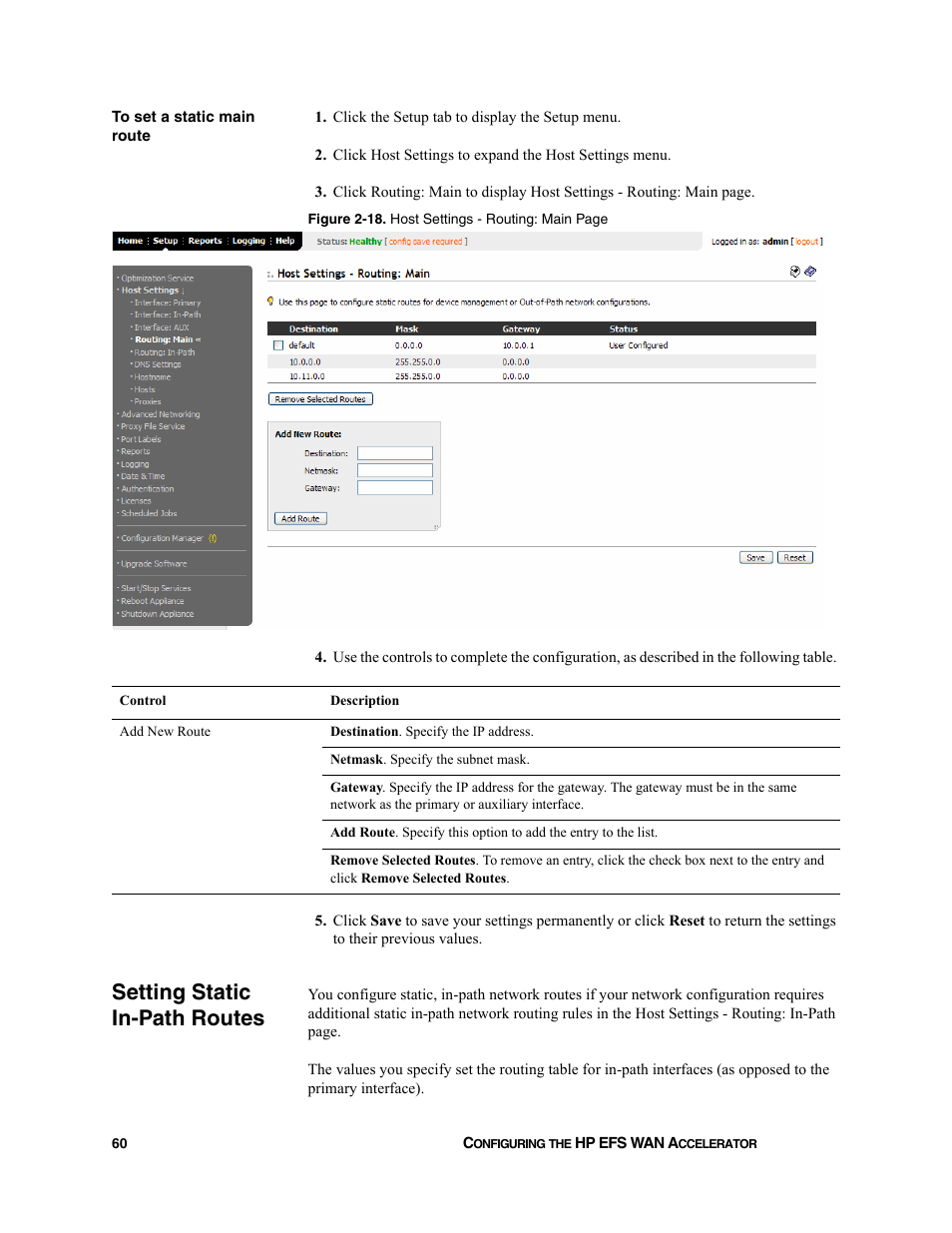 Setting static in-path routes | HP StorageWorks Enterprise File Services WAN Accelerator User Manual | Page 60 / 232