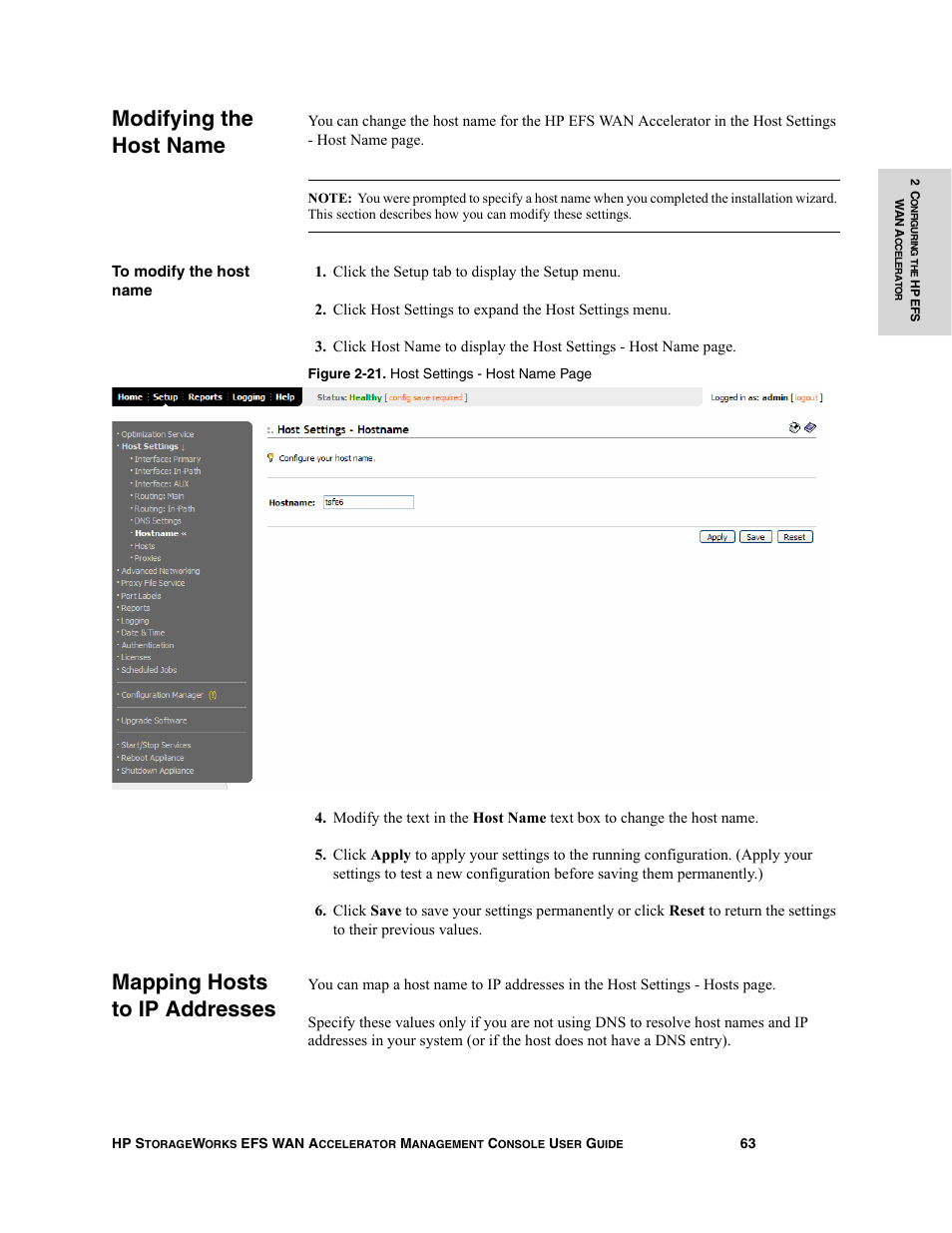 Modifying the host name, Mapping hosts to ip addresses | HP StorageWorks Enterprise File Services WAN Accelerator User Manual | Page 63 / 232