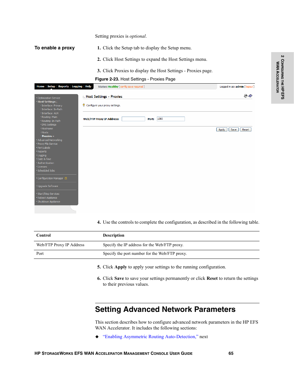 Setting advanced network parameters | HP StorageWorks Enterprise File Services WAN Accelerator User Manual | Page 65 / 232
