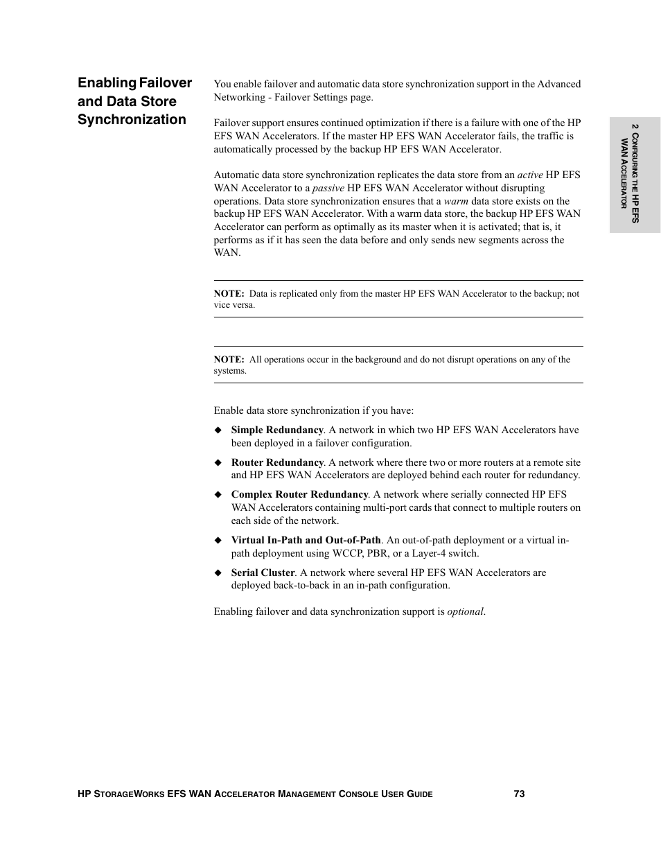 Enabling failover and data store synchronization | HP StorageWorks Enterprise File Services WAN Accelerator User Manual | Page 73 / 232